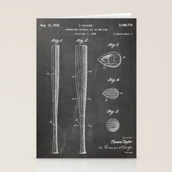 Baseball Bat Patent - Baseball Art - Black Chalkboard Stationery Card Gallery Image 2