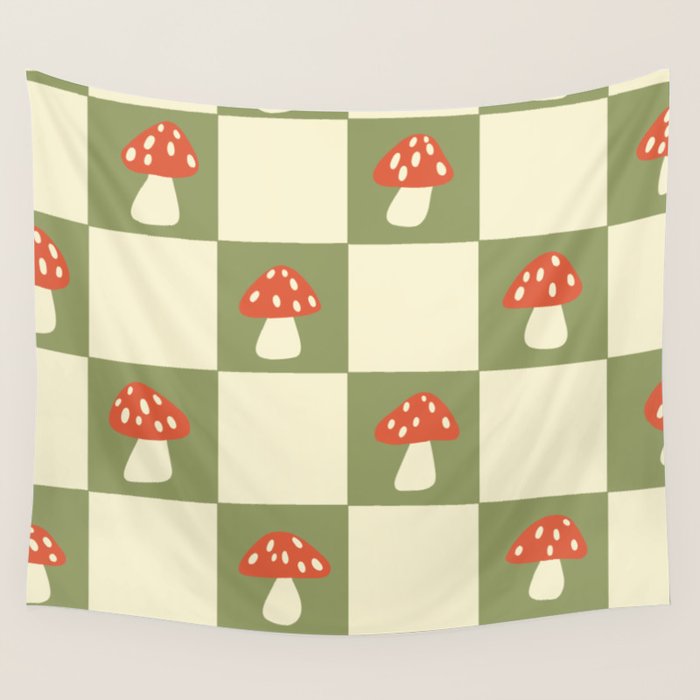 Mushroom Checkerboard Pattern Wall Tapestry Gallery Image 1