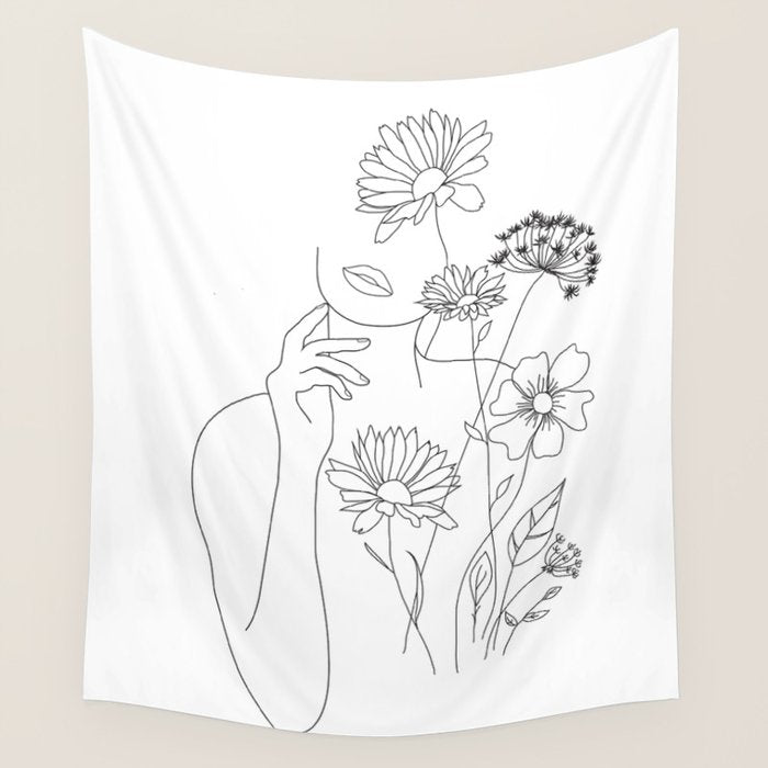 Minimal Line Art Woman with Flowers III Wall Tapestry Gallery Image 1
