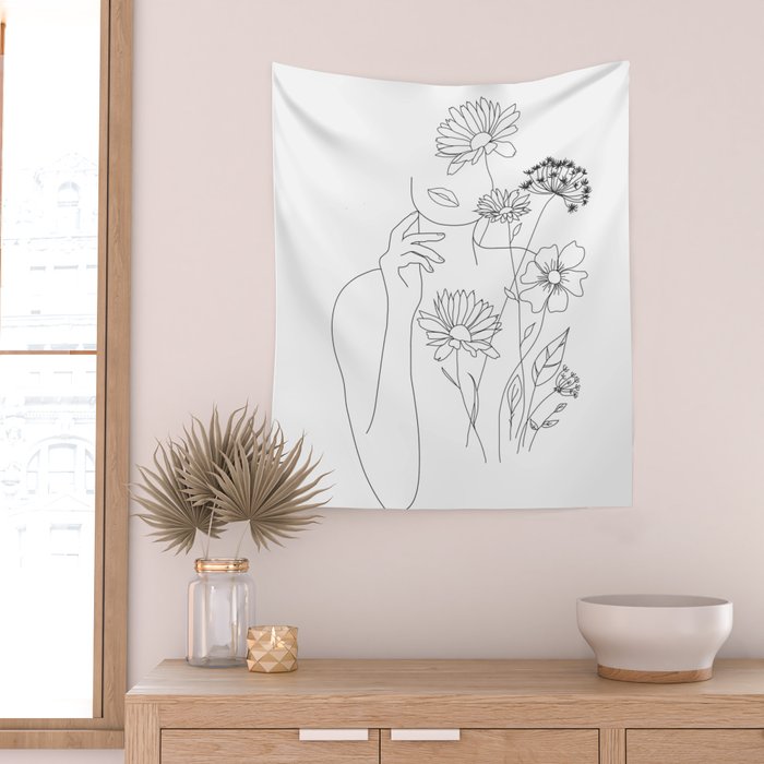 Minimal Line Art Woman with Flowers III Wall Tapestry Gallery Image 2