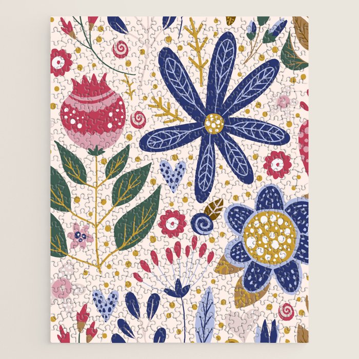 Cute, Festive, Flower Garden, Floral Prints, Pink and Blue Jigsaw Puzzle Gallery Image 1