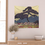 The Flower Empire of Waan - Tree and Flowers on Field - Nature Ukiyo Landscape in Blue, Red, Green & Orange Wall Tapestry Gallery Image 2