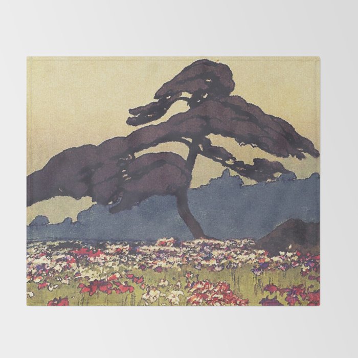 The Flower Empire of Waan - Tree and Flowers on Field - Nature Ukiyo Landscape in Blue, Red, Green & Orange Throw Blanket Gallery Image 2