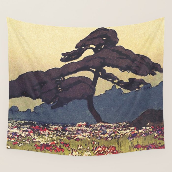 The Flower Empire of Waan - Tree and Flowers on Field - Nature Ukiyo Landscape in Blue, Red, Green & Orange Wall Tapestry Gallery Image 4