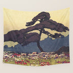 The Flower Empire of Waan - Tree and Flowers on Field - Nature Ukiyo Landscape in Blue, Red, Green & Orange Wall Tapestry Gallery Image 4