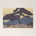 The Flower Empire of Waan - Tree and Flowers on Field - Nature Ukiyo Landscape in Blue, Red, Green & Orange Welcome Mat Gallery Image 1