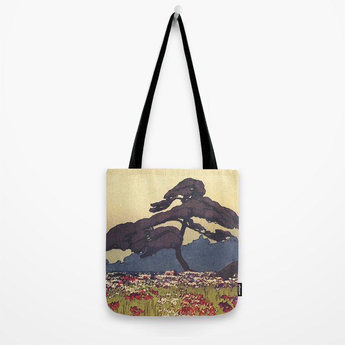 The Flower Empire of Waan - Tree and Flowers on Field - Nature Ukiyo Landscape in Blue, Red, Green & Orange Tote Bag Gallery Image 2