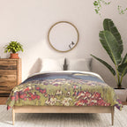 The Flower Empire of Waan - Tree and Flowers on Field - Nature Ukiyo Landscape in Blue, Red, Green & Orange Comforter Gallery Image 3