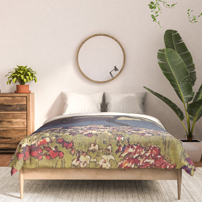 The Flower Empire of Waan - Tree and Flowers on Field - Nature Ukiyo Landscape in Blue, Red, Green & Orange Comforter Gallery Image 3