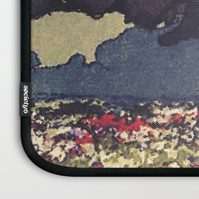 The Flower Empire of Waan - Tree and Flowers on Field - Nature Ukiyo Landscape in Blue, Red, Green & Orange Laptop Sleeve Gallery Image 3
