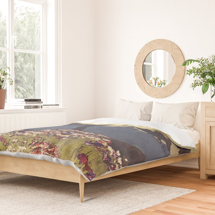 The Flower Empire of Waan - Tree and Flowers on Field - Nature Ukiyo Landscape in Blue, Red, Green & Orange Duvet Cover Gallery Image 2