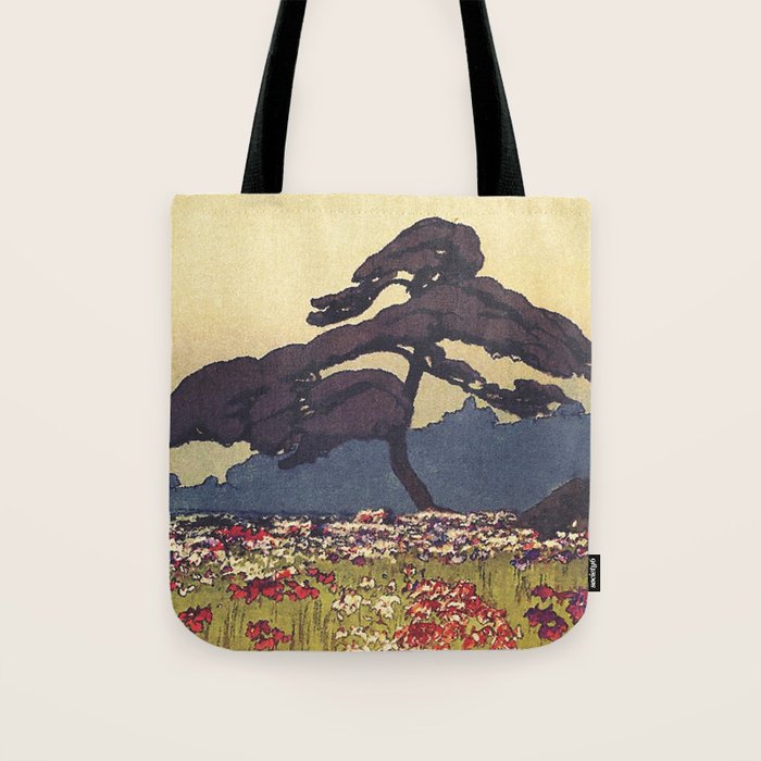 The Flower Empire of Waan - Tree and Flowers on Field - Nature Ukiyo Landscape in Blue, Red, Green & Orange Tote Bag Gallery Image 1