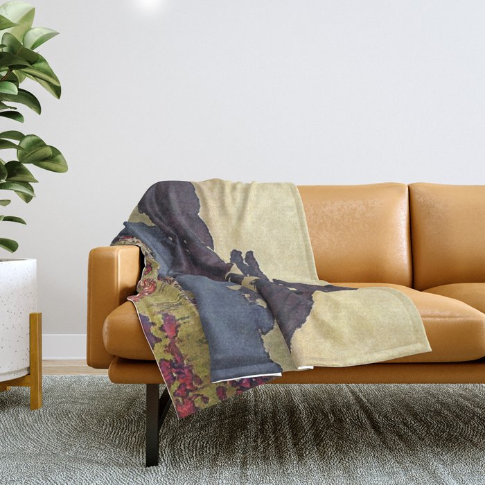 The Flower Empire of Waan - Tree and Flowers on Field - Nature Ukiyo Landscape in Blue, Red, Green & Orange Throw Blanket Gallery Image 1