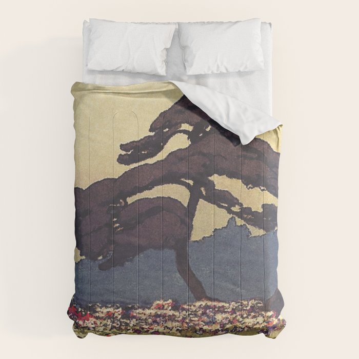 The Flower Empire of Waan - Tree and Flowers on Field - Nature Ukiyo Landscape in Blue, Red, Green & Orange Comforter Gallery Image 1