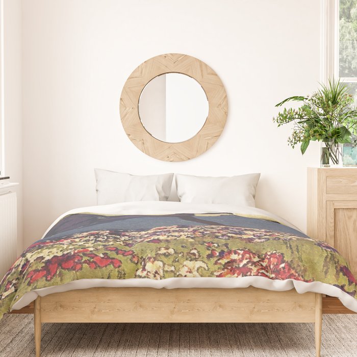 The Flower Empire of Waan - Tree and Flowers on Field - Nature Ukiyo Landscape in Blue, Red, Green & Orange Duvet Cover Gallery Image 3