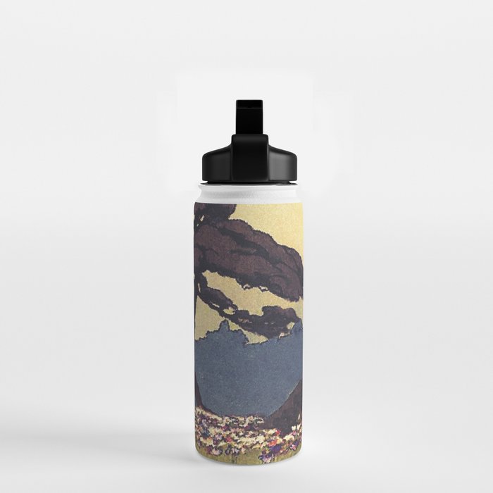 The Flower Empire of Waan - Tree and Flowers on Field - Nature Ukiyo Landscape in Blue, Red, Green & Orange Water Bottle Gallery Image 2