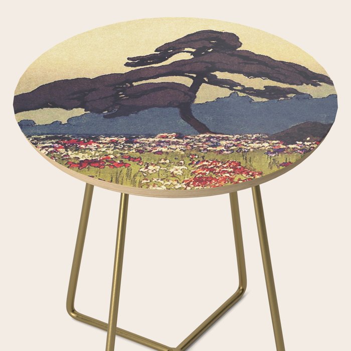 The Flower Empire of Waan - Tree and Flowers on Field - Nature Ukiyo Landscape in Blue, Red, Green & Orange Side Table Gallery Image 2