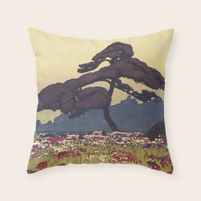 The Flower Empire of Waan - Tree and Flowers on Field - Nature Ukiyo Landscape in Blue, Red, Green & Orange Throw Pillow Gallery Image 6