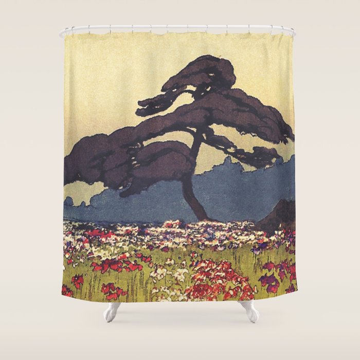 The Flower Empire of Waan - Tree and Flowers on Field - Nature Ukiyo Landscape in Blue, Red, Green & Orange Shower Curtain Gallery Image 1
