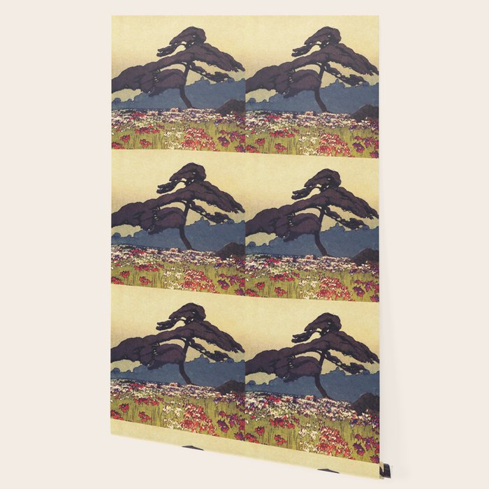 The Flower Empire of Waan - Tree and Flowers on Field - Nature Ukiyo Landscape in Blue, Red, Green & Orange Wallpaper Gallery Image 2