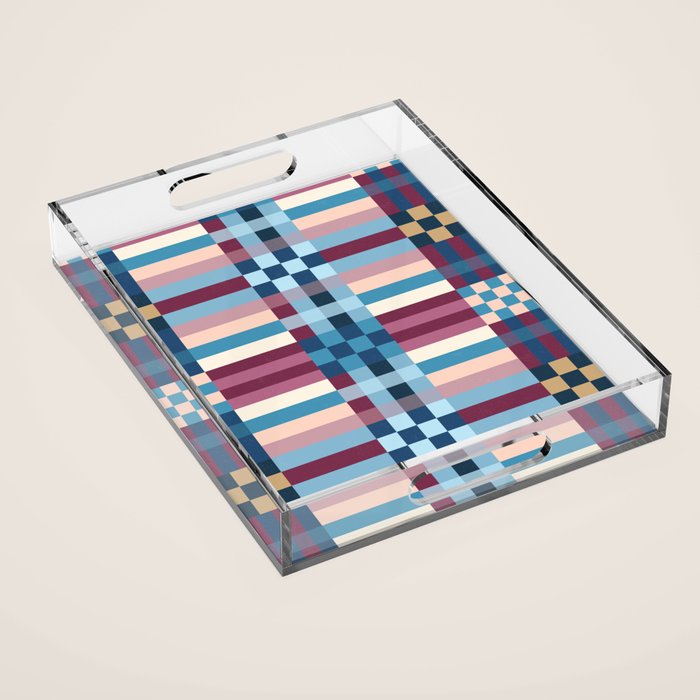 Woven Checks and Stripes Blue Burgundy Acrylic Tray Gallery Image 1