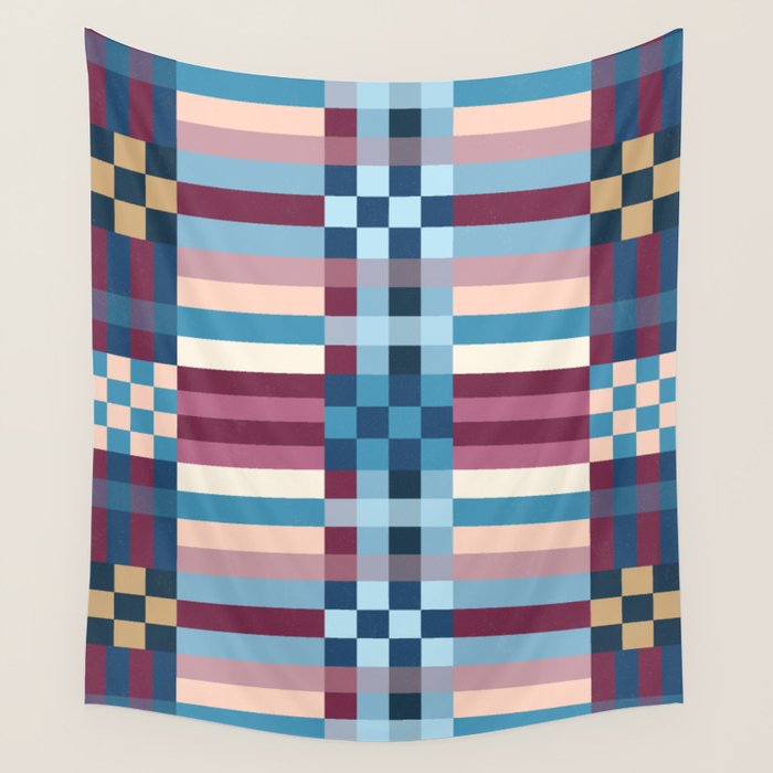 Woven Checks and Stripes Blue Burgundy Wall Tapestry Gallery Image 1