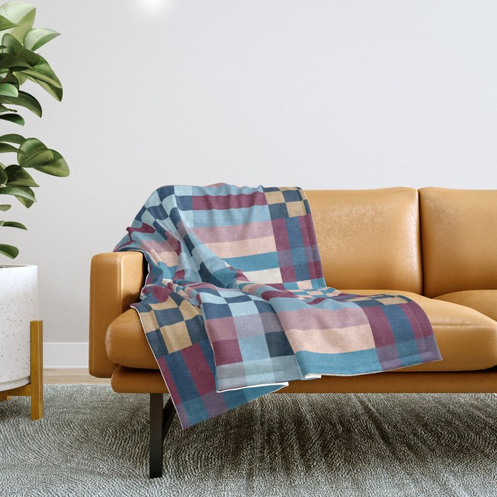 Woven Checks and Stripes Blue Burgundy Throw Blanket Gallery Image 1