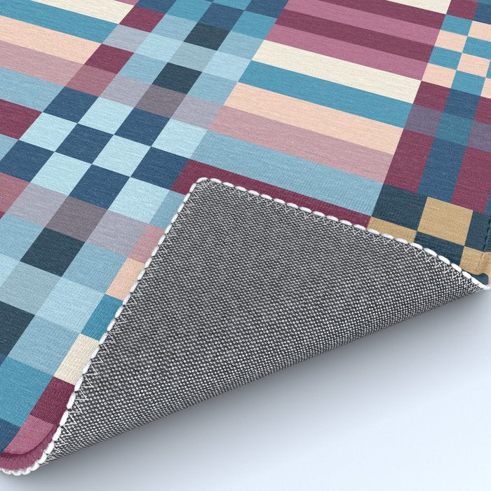 Woven Checks and Stripes Blue Burgundy Rug Gallery Image 4