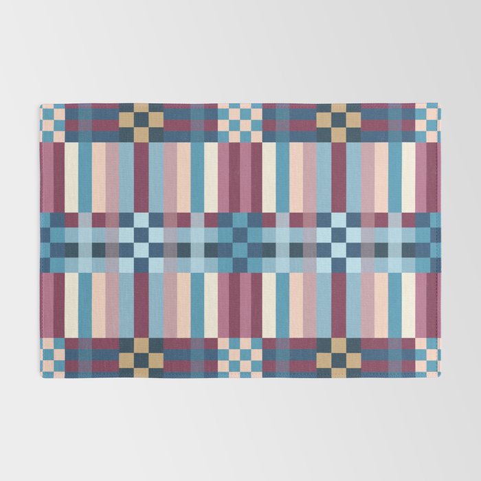 Woven Checks and Stripes Blue Burgundy Rug Gallery Image 2