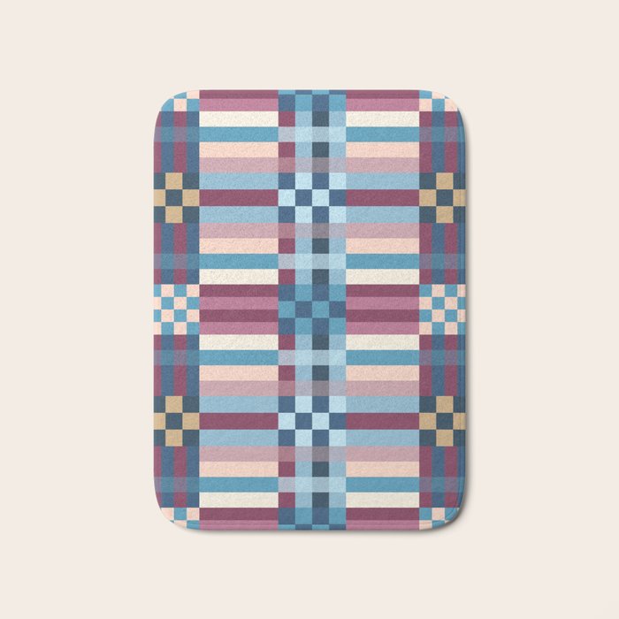 Woven Checks and Stripes Blue Burgundy Bath Mat Gallery Image 1