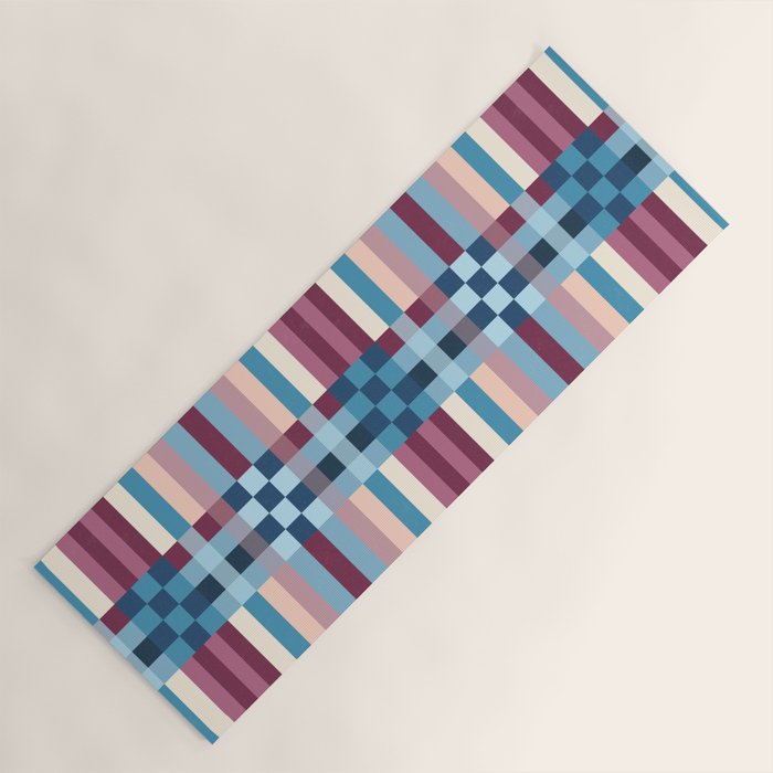 Woven Checks and Stripes Blue Burgundy Yoga Mat Gallery Image 1