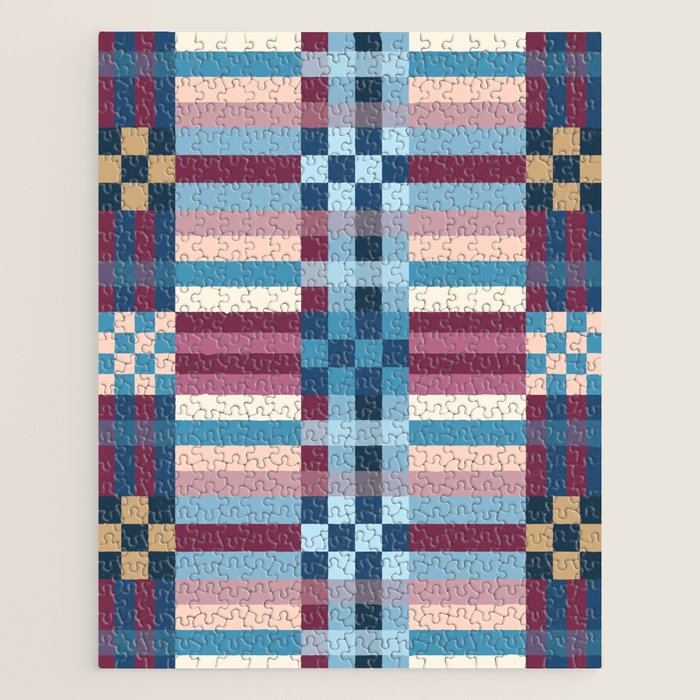 Woven Checks and Stripes Blue Burgundy Jigsaw Puzzle Gallery Image 1