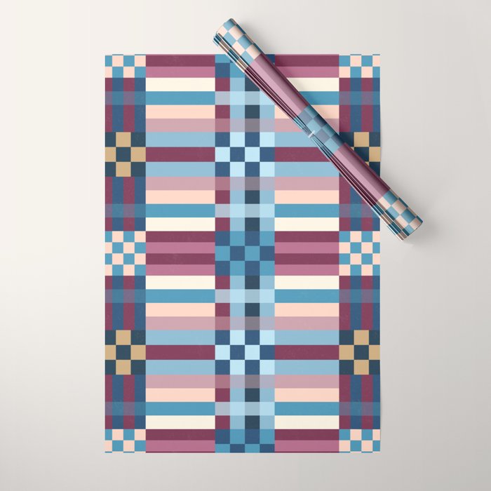 Woven Checks and Stripes Blue Burgundy Wrapping Paper Gallery Image 1