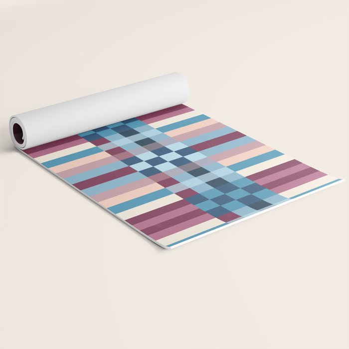 Woven Checks and Stripes Blue Burgundy Yoga Mat Gallery Image 2