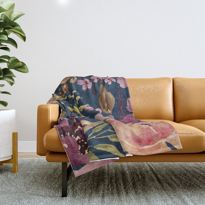 Watercolor Giant flowers fall colors Throw Blanket Gallery Image 1