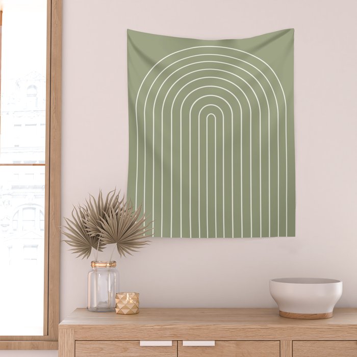 Minimal Arch LIII Earthy Sage Green Modern Geometric Lines Wall Tapestry Gallery Image 2