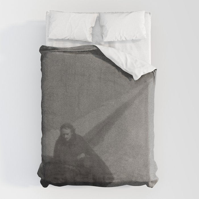 Edgar Allan Poe Walking the Bronx's High Bridge black and white lithograph  Duvet Cover Gallery Image 1