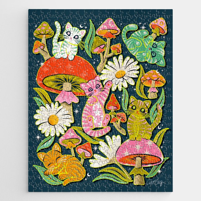 Kittens & Shrooms - Electric on Navy Jigsaw Puzzle Gallery Image 1