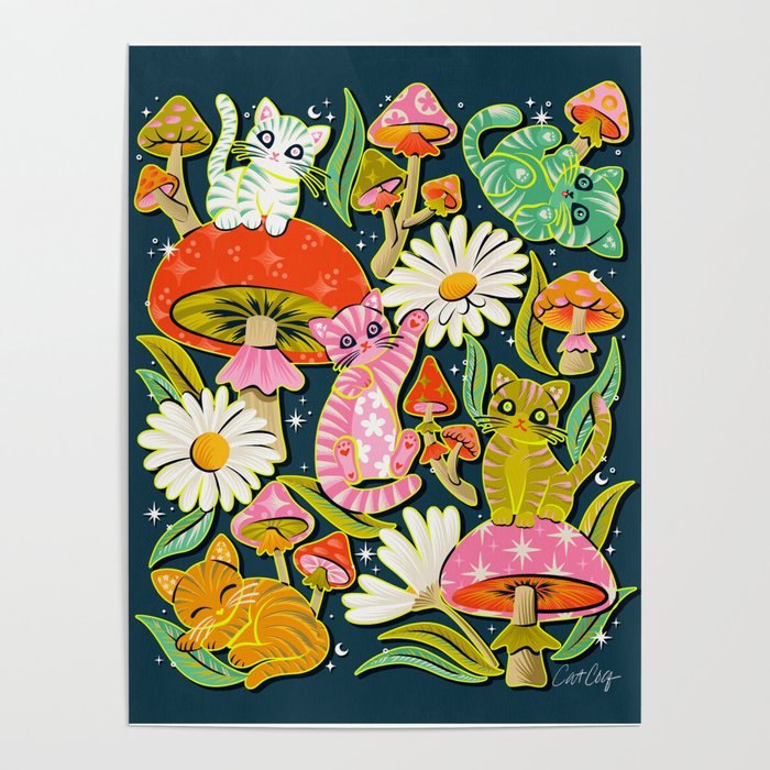 Kittens & Shrooms - Electric on Navy Poster Gallery Image 1