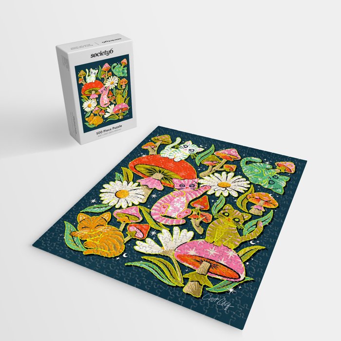 Kittens & Shrooms - Electric on Navy Jigsaw Puzzle Gallery Image 2