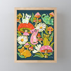 Kittens & Shrooms - Electric on Navy Mini Art Print Gallery Image 1