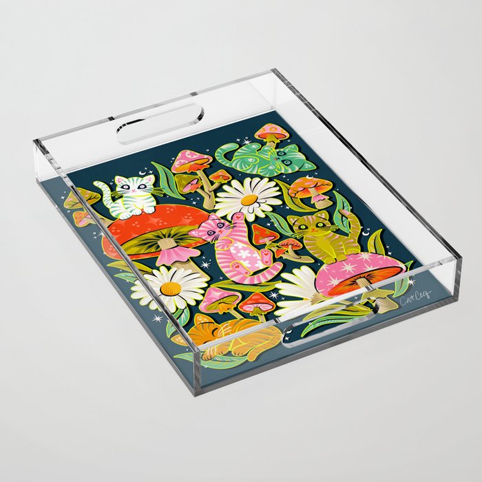 Kittens & Shrooms - Electric on Navy Acrylic Tray Gallery Image 1