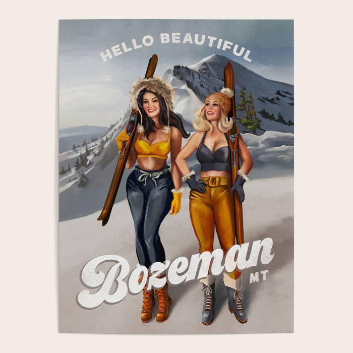 Hello Beautiful Bozeman: Vintage Pinup Skiing Art Poster Gallery Image 4