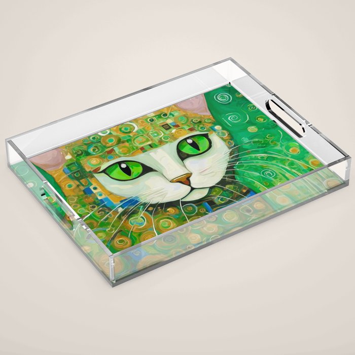 Klimt Cat with Bright Green Eyes Acrylic Tray Gallery Image 1