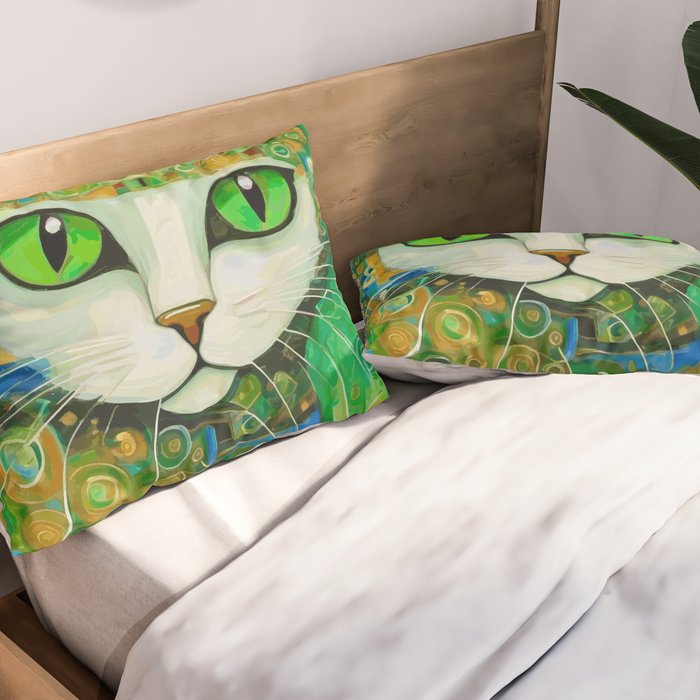 Klimt Cat with Bright Green Eyes Pillow Sham Gallery Image 2