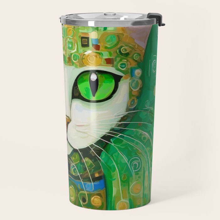 Klimt Cat with Bright Green Eyes Travel Mug Gallery Image 2