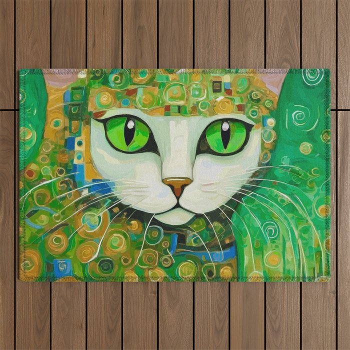 Klimt Cat with Bright Green Eyes Outdoor Rug Gallery Image 1