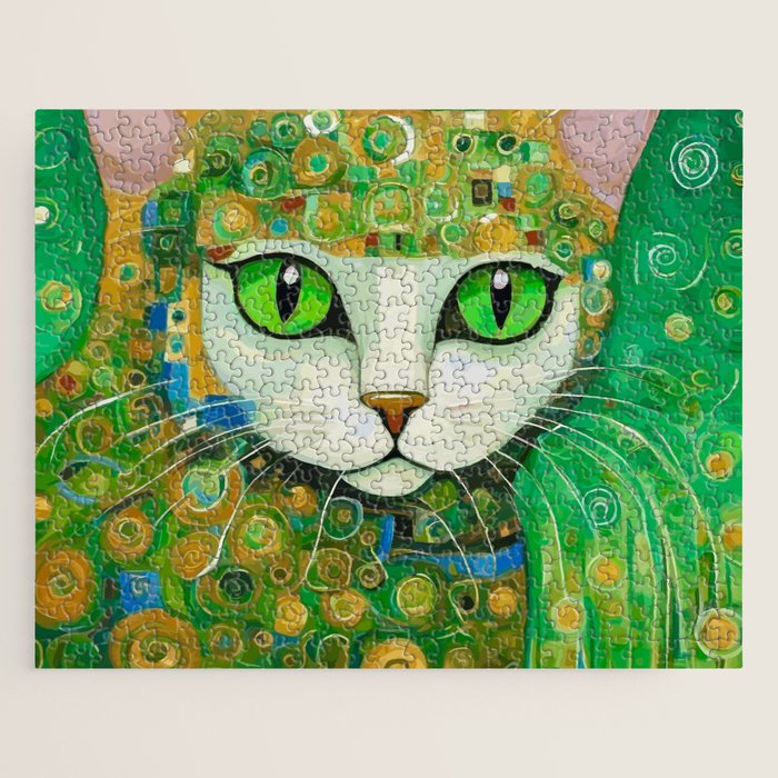 Klimt Cat with Bright Green Eyes Jigsaw Puzzle Gallery Image 1