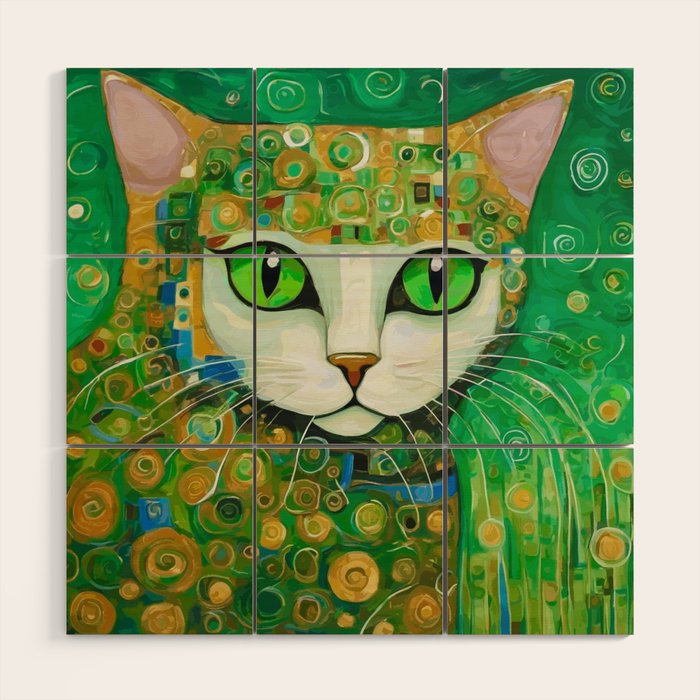 Klimt Cat with Bright Green Eyes Wood Wall Art Gallery Image 1
