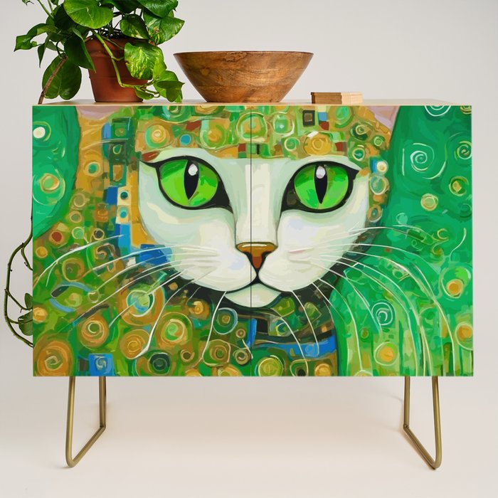 Klimt Cat with Bright Green Eyes Credenza Gallery Image 1